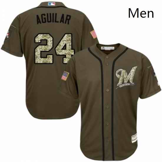 Mens Majestic Milwaukee Brewers 24 Jesus Aguilar Authentic Green Salute to Service MLB Jersey